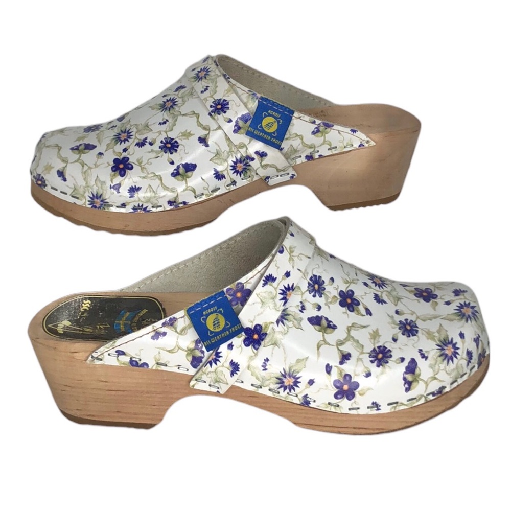 Across Floral Print Leather Swedish Wooden Clogs